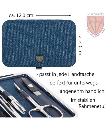 Three Swords Germany 6 pcs Manicure Set 'Genova' | Nail Care Kit with Scissors Clippers & Glass Files in Textile Jeans Blue - International Shipping - Buy Online on GoSupps.com