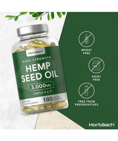 Hemp Seed Oil Capsules | 180 Count | 3000mg | High Strength | Cold Pressed Supplement with Omega 3 6 and 9 | by Horbaach - Buy Online on GoSupps.com