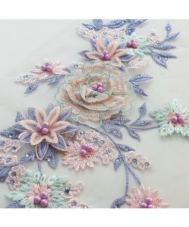 IXUEYU Lace Fabric 3D Flowers Appliques with Beads & Rhinestones - DIY Wedding Decor Dress Patch (Blue + Purple) - Buy Online on GoSupps.com