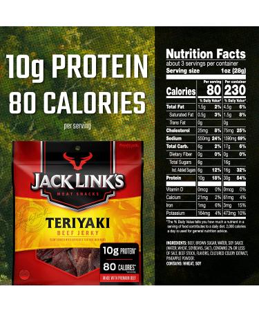 Jack Link's Teriyaki Beef Jerky 2.85 Oz - 10g Protein, 80 Calories, Premium Lean Beef Snack - No MSG or Nitrates/Nitrites, 95% Fat Free (Pack of 1) - Buy Online on GoSupps.com
