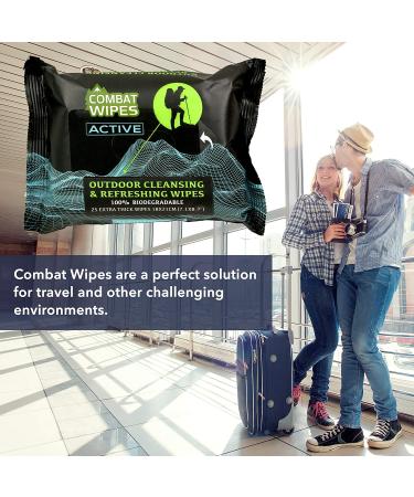 Combat Wipes ACTIVE Outdoor Wet Wipes | Biodegradable Body & Hand Cleansing Cloths | Camping, Gym, Backpacking | Natural Aloe & Vitamin E | 25 Pack (1 Count) - Buy Online on GoSupps.com