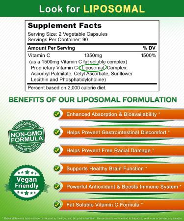 ASquared Nutrition Vitamin C Liposomal Complex 1500mg - 180 Capsules for Immune Support & Collagen Health - High Absorption Ascorbic Acid Supplement - Buy Online on GoSupps.com