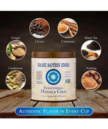 Blue Lotus Chai Traditional Masala Chai - 3 Ounce Powder - Organic Spices - Makes 100 Cups - Gluten-Free - Instant Indian Tea - Buy Online on GoSupps.com