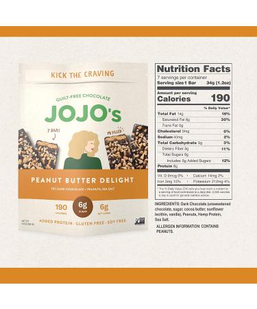 JOJO's Guilt-Free Peanut Butter Delight Dark Chocolate Bars - Keto, Vegan, Paleo | 7 Bar Bag - Buy Online on GoSupps.com