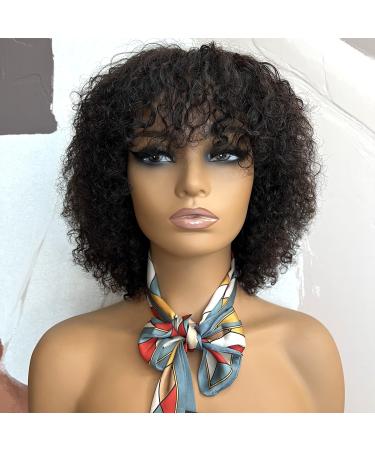 FULEISI short kinky curly wigs with bangs for black women 100% human hair machine made glueless jerry curl wigs pixie cut afro curly brazilian virgin hair none lace(natural black color 12)