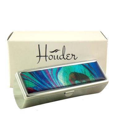Houder Designer Lipstick Case with Mirror for Purse - Decorative Lipstick Holder with Gift Box - Velvet Lined - Protect Your Lipsticks in Style (Peacock Feather)