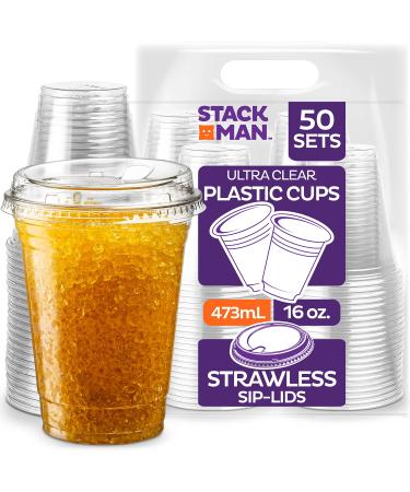 16 oz. Clear Cups with Strawless Sip-Lids, 50 Sets PET Crystal Clear Disposable 16oz Plastic Cups with Lids