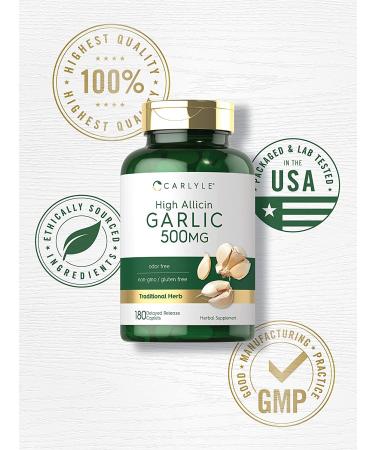High Allicin Garlic Supplement 500mg | 180 Caplets | Odorless Garlic Pills | Vegetarian  Non-GMO  Gluten Free | by Carlyle - Buy Online on GoSupps.com