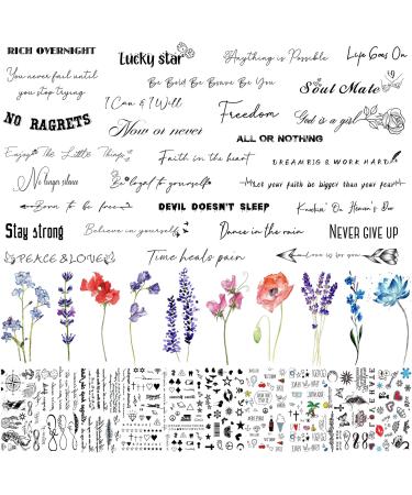 FIYACHY 51 Sheets Realistic Inspirational Quotes Temporary Tattoos For Women Men  Black Inspirational Words Letters Lettering Fake Tattoos For Adults Kids Finger Tatoos  Tiny Wild Flower Lavender Floral Bouquet Tattoo St...