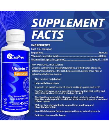CanPrev Liposomal Vitamin C 500mg with Vitamin E 10 IU 225ml - Citrus Vanilla Flavor - Liquid Vitamin C Complex - Enhanced Absorption - Antioxidant Supplement - Maintenance of Bones Teeth & Gums - Buy Online on GoSupps.com