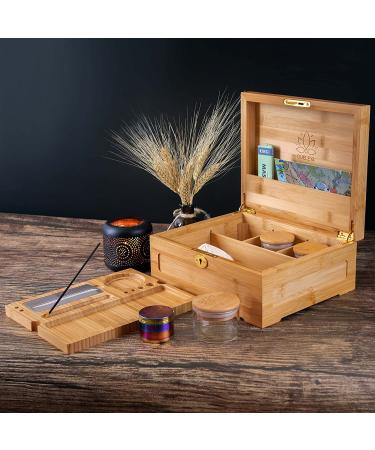 Wooden Stash Box Bundle with Rolling Tray, Jar, and Lock - Bamboo Rolling Tray with Lid and Accessories - Wood Storage Set - Buy Online on GoSupps.com