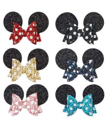 Qearl 6 Pieces Glitter Mouse Ears Hair Clips Mouse Hair Bows with Alligator Clips Hair Accessories for Theme Park Costume Party Decoration for Toddlers Girls