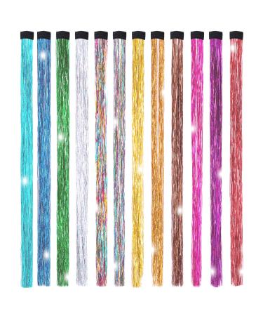 19.7 Inch Clip In Hair Tinsel Fairy Hair Tinsel Kit Clips Clip On Glitter Hair Tinsel Extensions 12 Colors Colorful