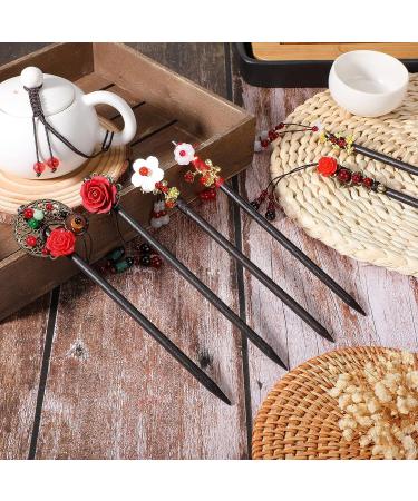 Chinese Wood Hair Sticks - 6 Piece Set with Vintage Pattern Tassels and Retro Flower Design | Handmade Wooden Hairpins for Women and Girls with Long Curly Hair | Classic Hair Accessories - Buy Online on GoSupps.com