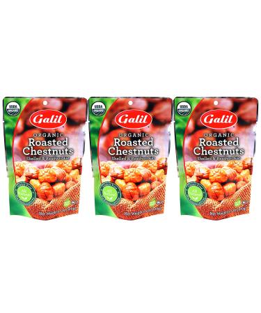 Galil Organic Roasted Chestnuts | Shelled | Ready to Eat Snack | Gluten Free, All Natural, 100% Vegan, No Preservatives | Great for Snacking, Baking, Cooking & Turkey Stuffing | 3.5oz Bags (Pack of 3)
