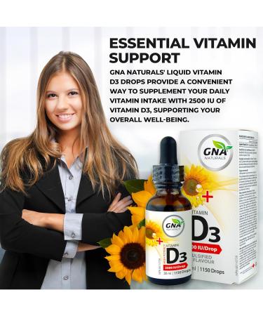 GNA Naturals Vitamin D3 Drops 2500 IU 30ml - Liquid Vitamin D3 for Adults - High Potency Flavorless Easy to Absorb - Pure D3 Supplement for Daily Wellness - Supports Bone Heart and Teeth Health - Buy Online on GoSupps.com