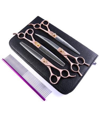 Fenice Peak 7 Professional Dog Grooming Scissors Set Rose Gold 440C Stainless Steel Straight Thinning Curved Chunker Shears 4pcs Set for Pet Grooming Services Dogs and Cats Combo 7''