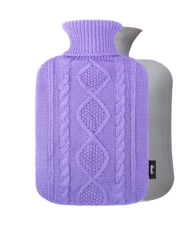 Qomfor Hot Water Bottle with Cover - 1.8L Large - Premium Hot Water Bag with Knitted Sweater Cover - Great for Cramps, Pain Relief & Cozy Nights - Water Heating Pad - Feet & Bed Warmer - Purple