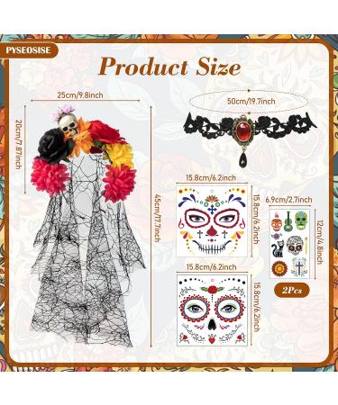 Day of The Dead Costume Accessories Day of the Dead Headpiece Veil Choker Necklace Halloween Face Temporary Tattoos Women - Buy Online on GoSupps.com
