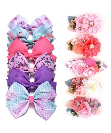5 Inch Bulk Hair Bows For Girls, Pink/Purple Flower Hair Clips For Little Girls Floral Hair Bow Toddler Kids Infants Teens Set Of 11 Pcs Multi-colored-1