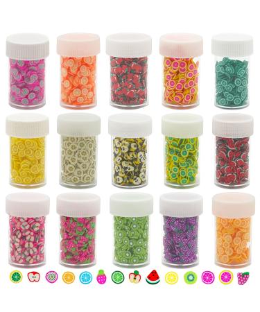 Fruit Nail Art Slime Charms Supplies, 15 Bottles Styles 3D Polymer Assorted Fimo Slices For DIY Nail Making Resin Lip Gloss, Strawberry Lemon Banana Grape Pear Decorations