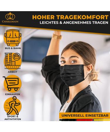 Charlemain 150x Black Medical Face Masks - EN 14683 Type IIR CE Certified 3-Layer Latex-Free BFE 99.9% - Ships Worldwide - Buy Online on GoSupps.com