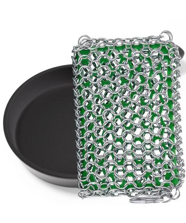 Cast Iron Cleaner, 316 Premium Stainless Steel Chainmail Scrubber Dish Scouring Pad Silicone Insert for Cast Iron Scrubber Green rectangle