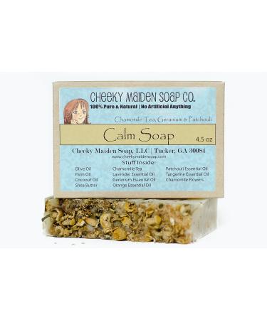 Calm Soap 100% Natural Handmade with Saponified Olive Palm Coconut Oils Shea Butter Mandarin Orange Lavender Rose Geranium Patchouli Essential Oils & Chamomile Flowers 4.5 oz Made in USA