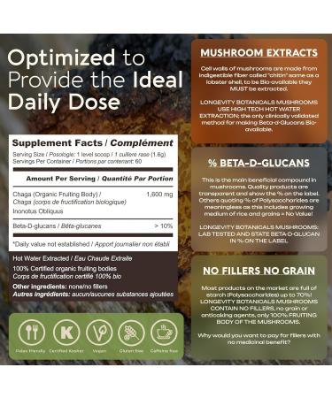 Longevity Botanicals Organic Chaga Mushroom Extract Powder 100g | Concentrated 10:1 Ratio | 100% Fruiting Bodies | Inonotus Obliquus Natural Supplement for Immune Function Antioxidants & Vitality - Buy Online on GoSupps.com