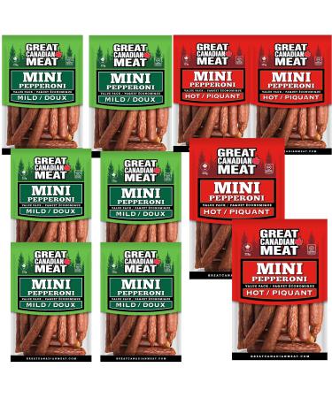 Mixed Flavour Mild & Hot Mini Pepperoni Sticks Bulk Box Pepperettes Bundle 10 x 225g Bags by Great Canadian Meat Meat Snacks Bulk Pepperoni Sticks Box For Carnivores. Perfect For Snacking Gluten Free High In Protein