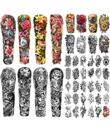 SOOVSY 46 Sheets Extra Size Full Arm Temporary Tattoo Men Skull Wolf Angel Floral Butterfly Half Arm Shoulder Semi Permanent Tattoo for Women Fake Tattoos That Look Real Temp Tattoos color-02