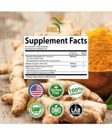 Turmeric Curcumin with Ginger BioPerine Black Pepper 95% Curcuminoids Natural Joint & Healthly Inflammatory Support Antioxidant Tumeric Supplement 60 Veggie Capsules Made in USA by SMS - Buy Online on GoSupps.com