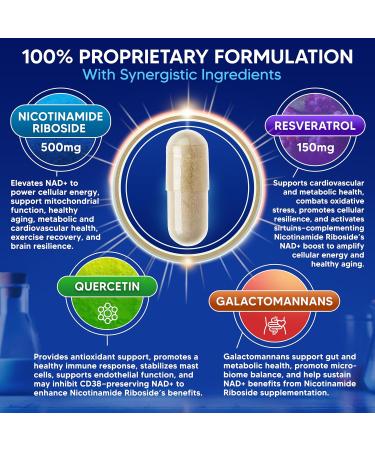 aSquared Nutrition NAD Resveratrol Supplement - NAD+ Nicotinamide Riboside 500mg (Vitamin B3) Plus Trans-Resveratrol & Quercetin - NMN Alternative for Men & Women - 60 Capsules - Buy Online on GoSupps.com