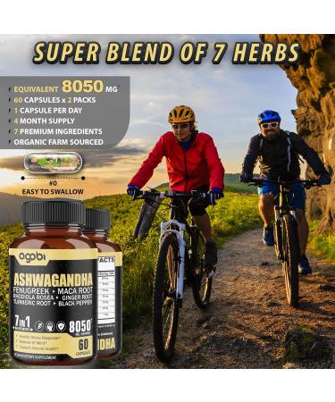 2 Packs 60 Capsules - 8050mg Ashwagandha Extract Supplement - 7in1 Immune & Energy Support - With Fenugreek, Maca, Turmeric, Rhodiola & More - 4 Month Supply - 120 Capsules - Buy Online on GoSupps.com