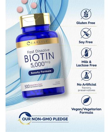 Carlyle Biotin 5000mcg Fast Dissolve Tablets - 500 Count | Vegetarian Non-GMO Gluten Free Supplement - Buy Online on GoSupps.com