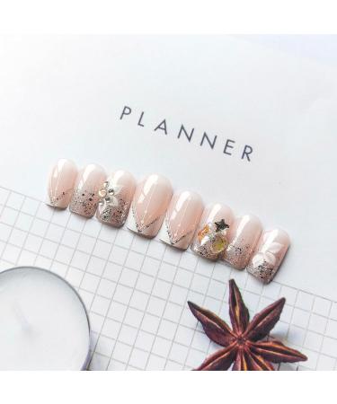 V French Tips Short Square Press-On Nails | Flower Acrylic Fake Nails with Rhinestones & Glitter | Glossy Nude Glue-On Nail Art for Daily Wear - Buy Online on GoSupps.com