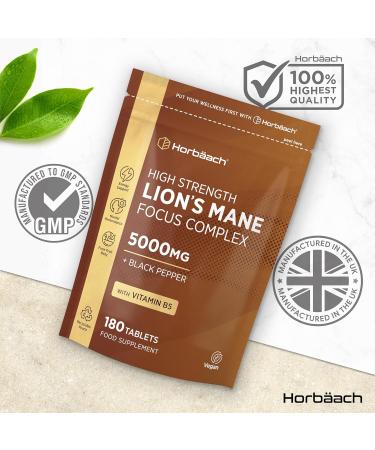 Lions Mane Supplement 5000mg | Focus Complex with Vitamin B5 & Black Pepper | Lion's Mane Mushroom Mental Performance Supplement | 180 Vegan Tablets | by Horbaach - Buy Online on GoSupps.com