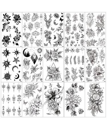 Aresvns Sexy Flower Temporary Tatttoos Realistic for Women Black Lasting Waterproof Fake Tattoos for Adults Christmas Gift
