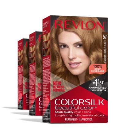 Permanent Hair Color by Revlon Permanent Brown Hair Dye Colorsilk with 100% Gray Coverage Ammonia-Free Keratin and Amino Acids Brown Shades (Pack of 3) 57 Lightest Golden Brown