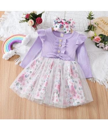 Haokaini Toddler Baby Girls Floral Ruffle Sleeve Dress Set | Princess Tutu Skirt Fall Outfit 12-18 Months - Purple - Buy Online on GoSupps.com