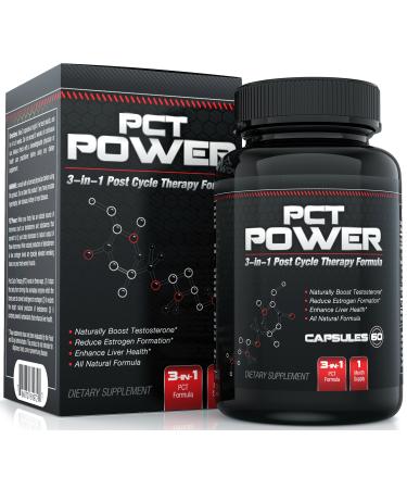 PCTPower 1 Post Cycle Therapy Supplement - 3-in-1 PCT Supplement with Estrogen Blocker Muscle Booster and Liver Support With Fenugreek Chrysin Milk Thistle Tongkat Ali and More - 60 Caps