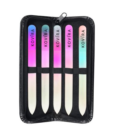 Kovira Glass Nail Files with Case (Pack of 5) - Long Lasting Double Sided Glass File - Manicure/Pedicure Set for Natural Nails and False Nails - Professional Crystal File
