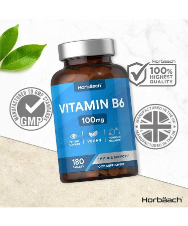 Vitamin B6 100mg 180 Tablets | Hormonal Regulation & Fatigue Support | Vegan Friendly | Horbaach - Buy Online on GoSupps.com
