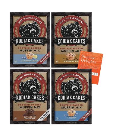Kodiak Cakes High Protein Muffin Mix Variety Pack - 4 Boxes - 1 Box of Each Flavor - Blueberry, Double Dark Chocolate, Chocolate Chip, and Blueberry Lemon + Bonus Fun Facts and Recipes Bookle
