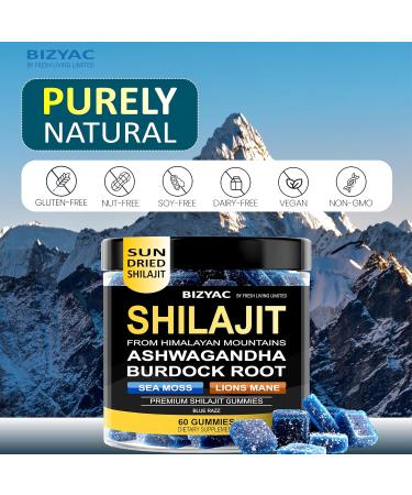 BIZYAC Organic Shilajit Gummies for Men and Women with Sea Moss & Ashwagandha 100% Himalayan Extract with 105+ Trace Minerals Burdock Root & Lion s Mane Vegan Sugar-Free 60 Gummies - Buy Online on GoSupps.com