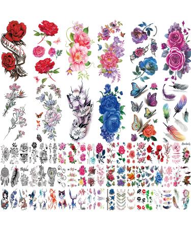 72 Sheets Flowers Temporary Tattoos Stickers  Roses  Butterflies and Multi-Colored Mixed Style Body Art Temporary Tattoos for Women  Girls or Kids