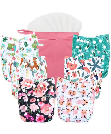 wegreeco Washable Reusable Baby Cloth Pocket Diapers 6 Pack + 6 Bamboo Inserts (with 1 Wet Bag, Flower) Flower + 1 Wet Bag