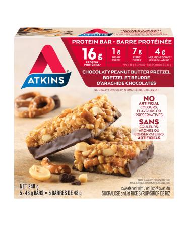 Atkins Protein Bars - Chocolaty Peanut Butter Pretzel Low Sugar Keto Friendly High Protein High Fibre 1g Sugar 4g Carbs 5ct