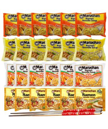 Ja Cor Instant Ramen Noodles Soup Variety Pack (6) Chicken (6) Creamy Chicken (6) Roast Chicken (6) Picante Chicken Flavor 3 oz Bundle with 1-Set Reusable Stainless Steel Chopsticks(Pack of 24)