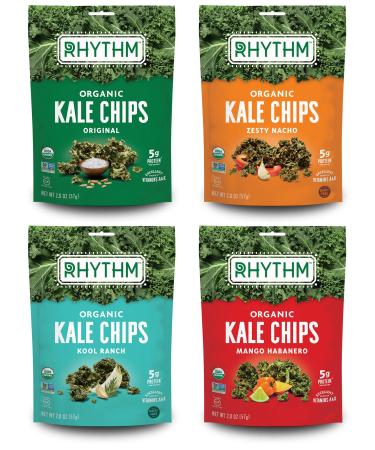 Rhythm Superfoods Kale Chips, Variety Pack, Original/Zesty Nacho/Kool Ranch/Mango Habanero, Organic and Non-GMO, 2.0 Oz (Pack of 4), Vegan/Gluten-Free Superfood Snacks Variety Pack (MH) 2 Ounce (Pack of 4)